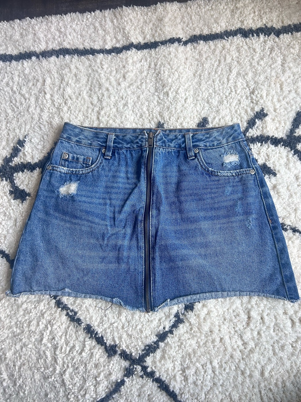 Bluenotes Distressed Front-Zip Denim Mini Skirt in Blue